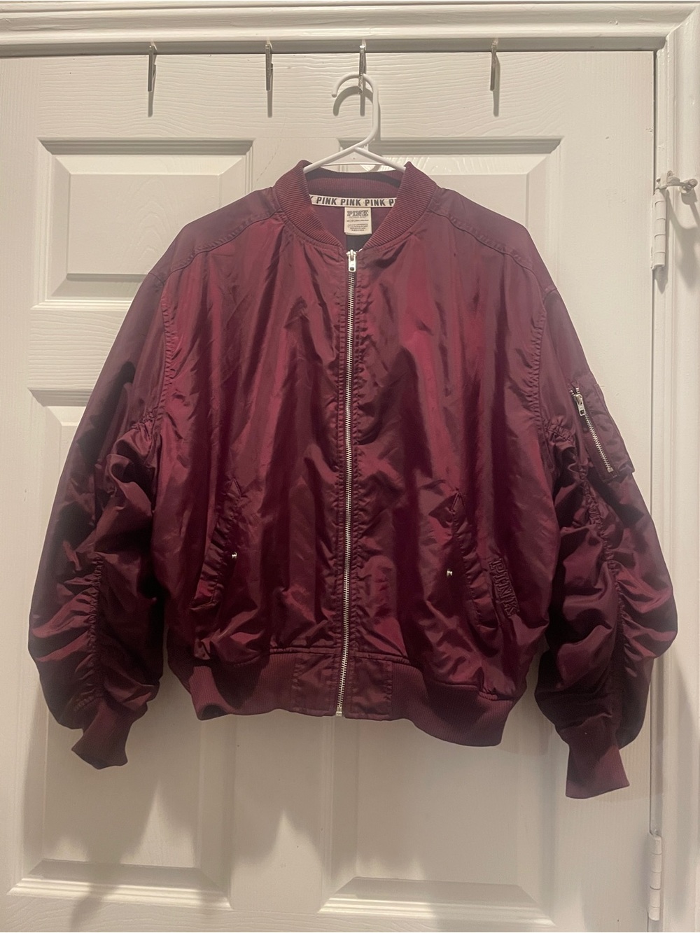 Victoria's Secret PINK Burgundy Satin Bomber Jacket